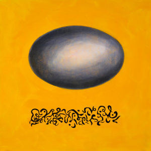 dark grey ellipse hovers above black paint strokes on yellow backgound