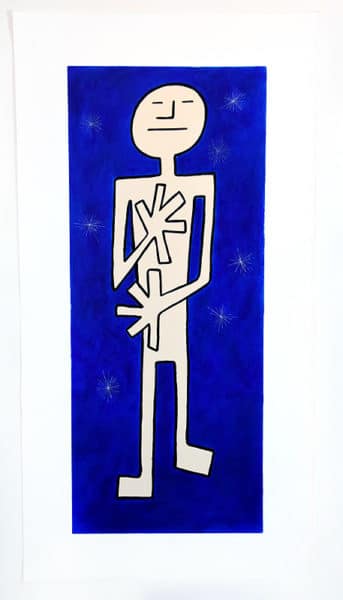 abstract minimalist JAO style figure with hands on heart and lower charkra, eyes closed. blue background with white stars or snowflakes
