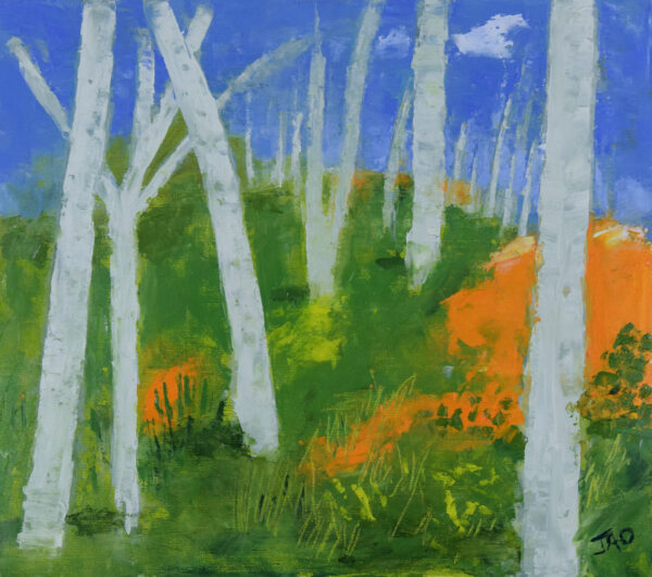 white trees with green blue and orange back ground