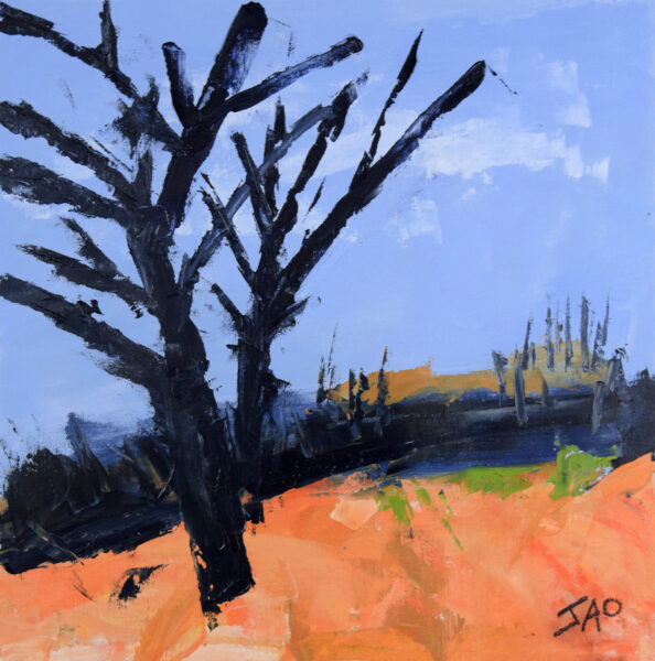 large dark tree with light blue sky and orange ground, expressive landscape painting