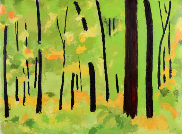 abstract style painting of forest, bright greem with some orange