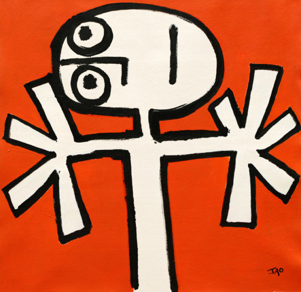 expressively stylized stick figure with thick black outline on a bright orange background. big hands reach out to the side, head tilted to the side, eyes look up