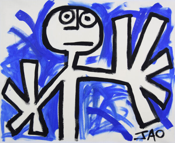 expressive stick figure on blue background