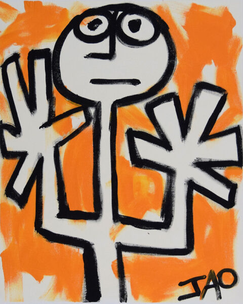 expressive stick figure with orange background
