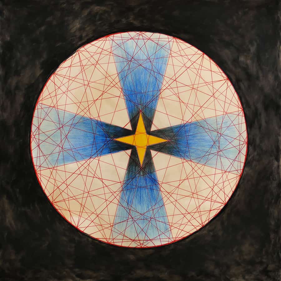 modular math circle with red lines, colored with pencil, mottled black oil backgroundd