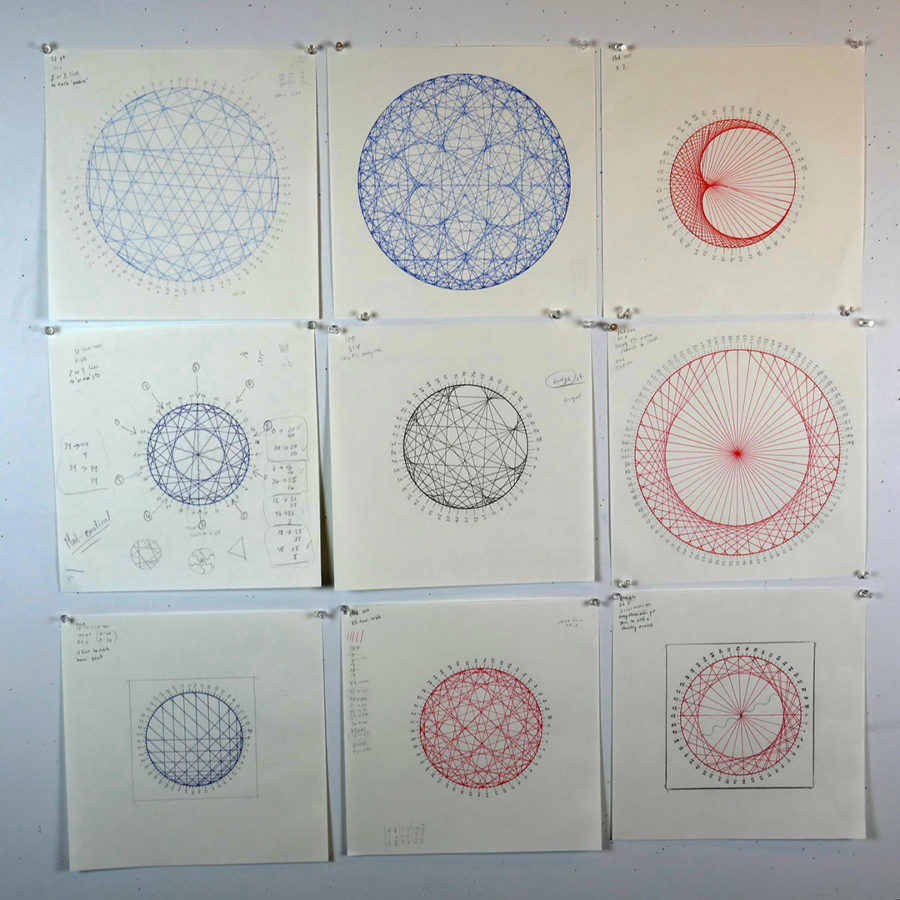 circles with modular math drawings in red, blue and black