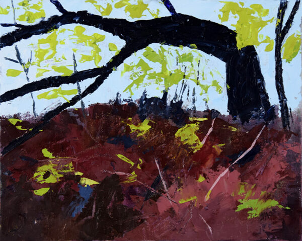 old tree bent over in forest oil painting with expressive brushwork