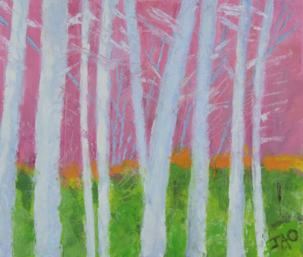 stand of white trees with pink and green background,