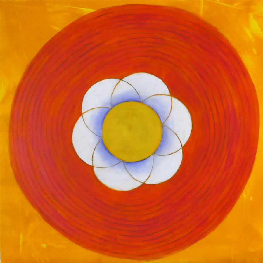 abstract painting with flower like center, pink concentric circles on yellow