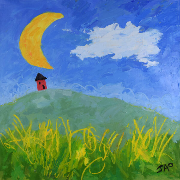 tiny house on a hill with a giant moon and a cloud, pure bright colors.