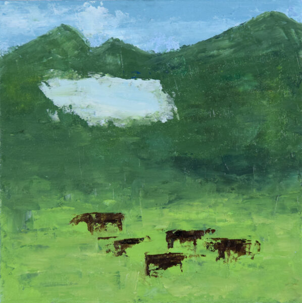 abstract style landscape painting on cows in field with mountain and a weird square cloud