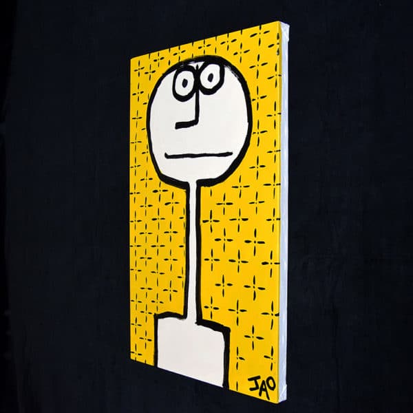 JAO Art figure with long neck and yellow background, side view