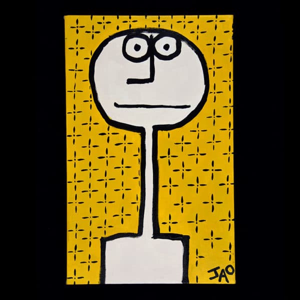 JAO Art painting on canvas, serious yet humorous face on a yellow background with flower-like pattern