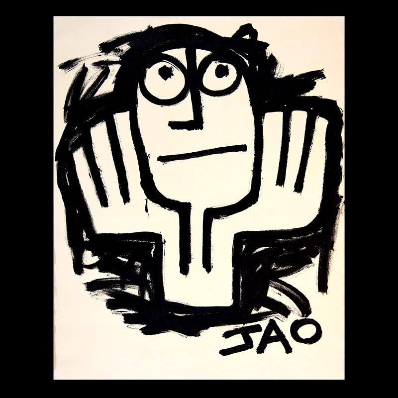 black and white figure with hands holding head, eyes looking up, primitive art style, with canvas border