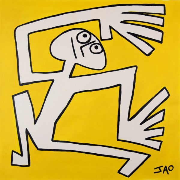 figure with large hands on yellow